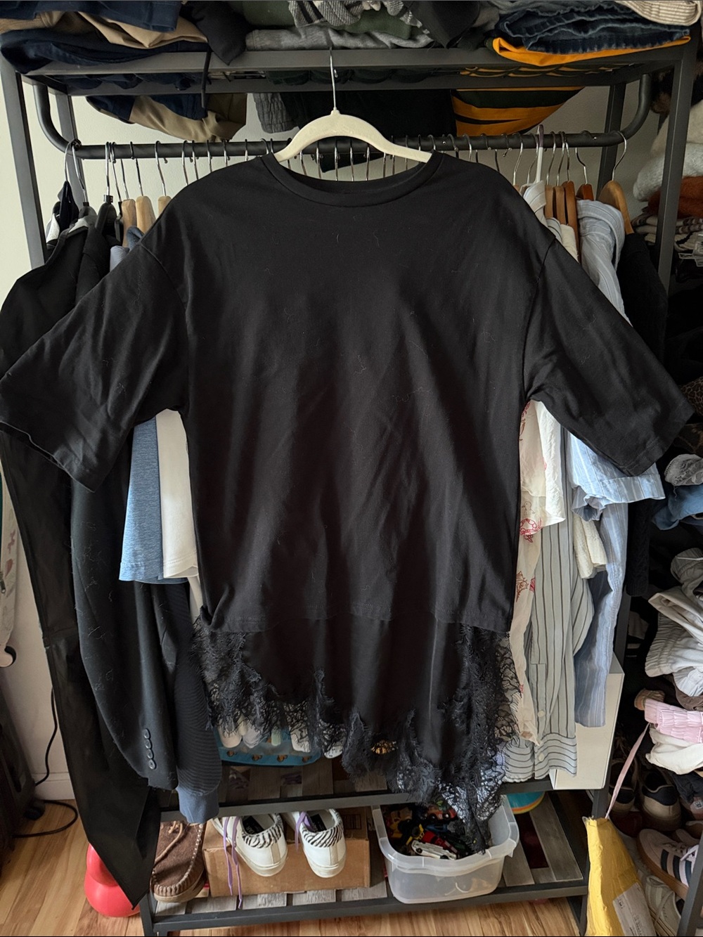 Zara Black Short-Sleeve Top with Lace Hem